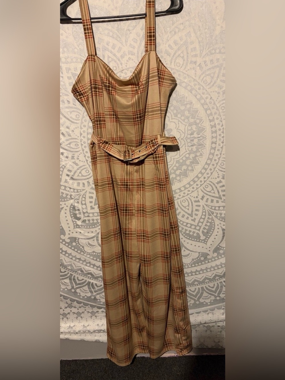 🍂 NO BOUNDARIES Plaid Wide Leg Belted Jumpsuit Beige Tan Brown | JR XXL (19) 🤎✨